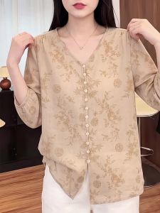 Elegant Slim-fit Loose V-neck Khaki Long Sleeve Womens Blouse