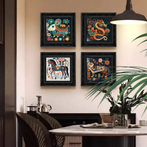 French Mid-century Restaurant Decorative Art Abstract Background Wall Hanging Painting Vintage Zodiac Animal Oil Canvas Frame