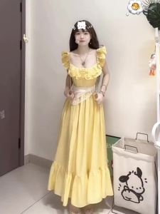 CHANGTONG | Off-shoulder Square-neck Yellow Dress