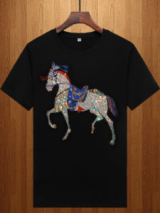 Fashionable Summer T-Shirt Mens Youth Heavy Embroidery Modal Short Sleeve Diamond Print Standard Fit Urban Style Animal Pattern