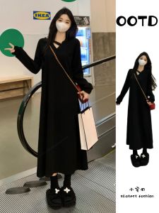 Autumn Winter Thickened V-Neck Knitted Long Dress Slimming Waist Design Knee-Length H-Style Korean Version Solid Color Dress