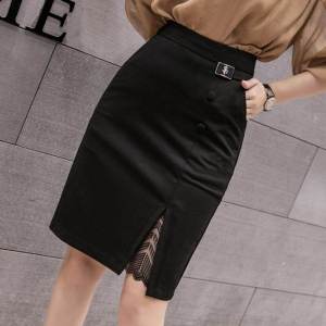 Black High Waist Slimming Short Asymmetrical Pencil Skirt for Women with Pockets Summer Thin Split Formal Office Style Polyester Fiber
