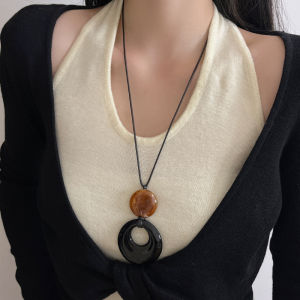 Natural Black Agate Long Sweater Chain Necklace Womens New Chinese Design High-End Sensation Clavicle Lock Rope Style Jewelry