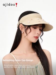 ajidou | Mũ Rơm Cổ Điển Chống Nắng có Nơ Ngọc Trai