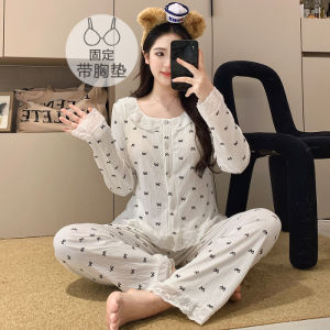 Sweet Knitted Cotton Sleepwear Womens Long Sleeve Long Pants Home Clothes Two-Piece Outdoor Wearable Comfortable Soft Material