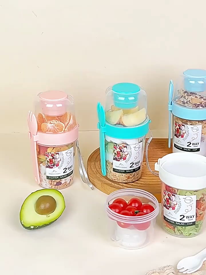 Double-Layer Salad Cup Portable Overnight Oat Jar with Lid Spoon Plastic Oatmeal Cup Air Tight Yogurt Jar Breakfast Cup