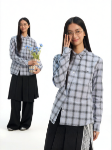 JNXS | Plaid Cotton Button-Down Shirt Slimming Fit Spring