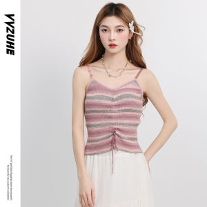 Áo Ba Lỗ Cổ Chữ V Kẻ Sọc Thu Đông 2025 Áo Ba Lỗ Nhỏ Nữ Thiết Kế Thắt Eo Có Dây Rút Áo Lót Bên Trong Áo Ba Lỗ