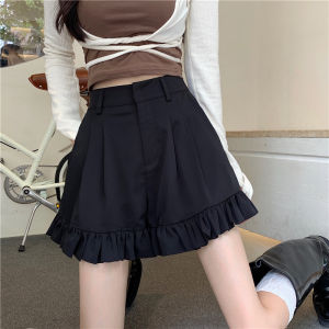 กางเกงขาสั้นทรงหลวมเอวสูงสไตล์ฝรั่งเศสสำหรับผู้หญิงในช่วงฤดูร้อน กางเกงขายาวทรงเอสีดำแบบลำลอง เอฟเฟกต์ขอบไม้กางเขน