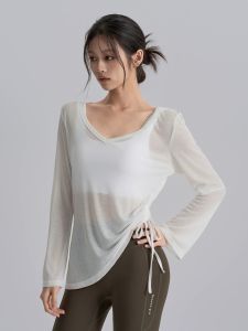 Loose Long Sleeve Yoga Sportswear Pilates Running T-Shirt Quick Dry Drawstring Cover up Womens Fitness Clothing Summer