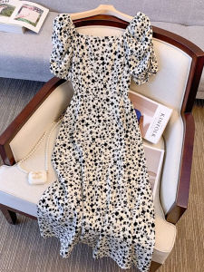 French Style Square Collar Floral Print Loose Midi Dress Summer New Arrival Elegant Waist-Cinching Tea Break Skirt