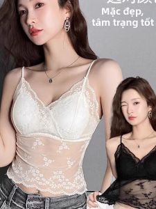 chaqi | Áo Camisole Quây V-Cổ Mỏng manh Thấu Thị với Đệm