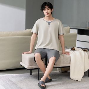 Miiow | Catman Mens Summer Sleepwear Pure Cotton Short Sleeve Shorts Set Casual Loose Plus Size Home Clothes Male 2025 New Style
