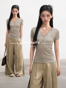 BAIDAIFEI | American Khaki Henry Neck Short Sleeve T-Shirt
