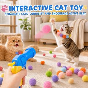 Teeker Pet Cat Interactive Toy Launcher  Colorful Soft Pom Pom Balls for Kitty Chasing & Playing Launcher with 20 Pom Pom Balls