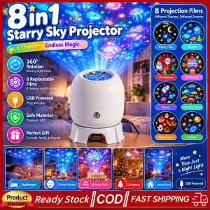 KEBIDU 8 Themes LED Galaxy Projector Lamp 360 Degree Rotating USB Night Light With Ocean Snowflake Halloween Film Slides Perfect Gift For Children Birthday Party