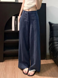 Cobalt Blue Linen Wide Leg Pants Womens High Waist Drapey Cotton Linen Straight Casual Trousers Winter 2025 New Style