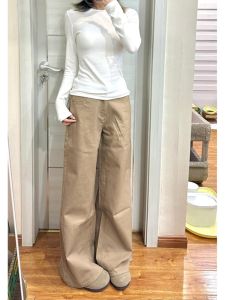 Tall Womens Loose Wide Leg Jeans American Style Khaki Brown Spring High Waist Slimming Drapey Floor-Length Denim Pants