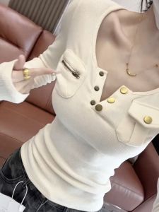 Slim Fit Long Sleeve T-Shirt Womens Base Shirt Half Button Pure Desire Style Spring New Arrival Versatile High Waist Korean Version