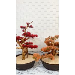 Pohon Hias Bonsai Daun Lohansung Merah / Orange Latex Artificial Pot Semen Bulat Dekorasi Rumah