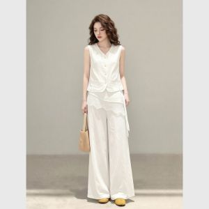 Elegant White Vest and Wide Leg Pants Set