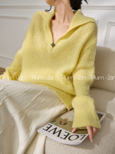 PlumJan | Áo Sweater Knit V-Neck Màu Vàng Nhạt Đẹp cho Người Lớn