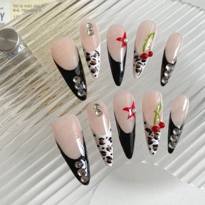 10 Móng Tay Giả Thủ Công Hình Hạnh Nhân Họa Tiết Báo Đen Thiết Kế Quả Anh Đào Đẹp Mắt Dành Cho Nữ Dùng Trong Các Bữa Tiệc