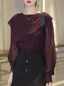 QINGNAER | Elegant French Style Loose Womens Blouse Flounce Hem