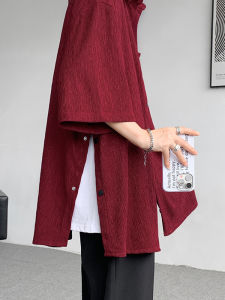 Red Wine Color Ice Silk Mens Short Sleeve Shirt with Slits Casual Summer Fashion Drapey Feel American Hiphop Couple Outerwear