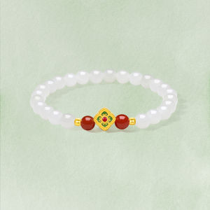 ZHOU LIU FU 周六福 24K Solid Gold Bracelet Lucky Clover Charm White Jade Beads Red Agate Beads Stretch Bracelets Pure Gold Jewelry for Women Wife Mom 17CM Y1913658