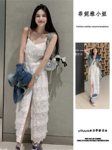 Đầm Midi Không Tay Cổ Chữ V Màu Xanh Denim Ren Cạp Cao Cho Nữ Mùa Hè Thường Ngày Dài Vừa Phải Chất Liệu Khác