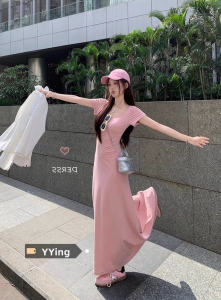 Pure Desire Pink Short Sleeve Dress Women Summer Spicy Girl with Chest Pad Elegant Square Collar Waist Inward Slim A-Line Long Dress