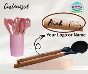 Jezaiah Customized Kitchen Set 12 Pcs Silicone Gift Set Wooden Handle Silicone Kitchen Utensils