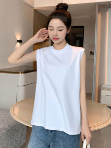 White Pure Cotton Sleeveless Vest Womens Summer Outdoor Wear Half High Collar Shoulder Top T-Shirt Layering Loose Top