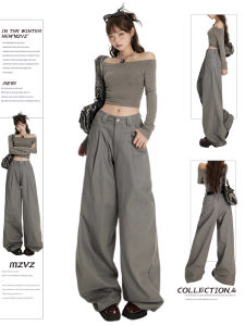 MZVZ | Quần Tây Phong Cách Vintage Màu Xám Rộng Thùng Thình