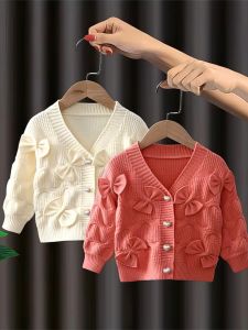 Stylish Knitted Sweater Coat for Baby Girls Spring Autumn V-neck Single-button Regular Thickness Fashionable New Model