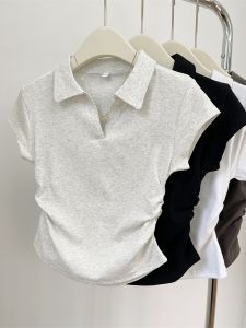 Slim Fit Polo Neck Short Sleeve T-Shirt Womens Summer New Style Pleated Waist Design Casual Sweet And Spicy Style Regular Sleeve