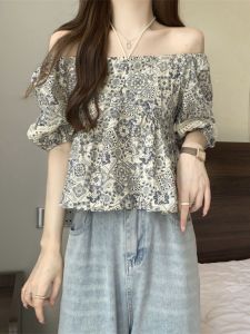 Floral Bubble Sleeve Short Sleeve Shirt Women Summer plus Size Slimming Sweet And Spicy One Shoulder Top Beautiful Small Shirt