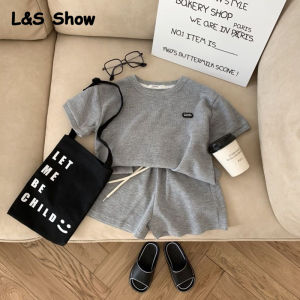 LS Show เสื้อยืดฉบับภาษาเกาหลีเด็กแบบบางชุดวาฟเฟิลผ้าฝ้าย2ชิ้นสำหรับเด็กผู้ชายและเด็กผู้หญิงชุดลำลองสำหรับฤดูร้อน
