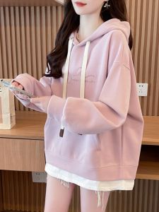 Maternity Autumn Fashion Fake Two-Piece Hooded Sweatshirt Autumn Loose Plus Size Small Pregnant Women Clothes Tops