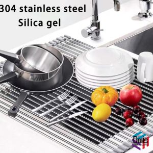 Roll Up Dish Drying Rack Multipurpose Foldable Drain Rack 304 Stainless Steel Heat Resistant Dish Mat Suitable for Home and Kitchen