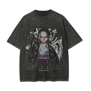 Bandai | One Piece Mens and Womens Washed T-Shirt Nico Robin Clothing Summer and Spring Anime Fashion Tee Retro Distressed Short Sleeve