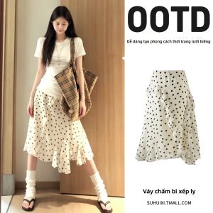 SUHUIQIAN | Chân Váy Mini A-Line Đai Cao Chấm Bi Trắng