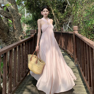 French Elegant Vacation Dress Fairy Pink Neck Hanging Strap Long Beach Atmosphere Sensation Photography Skirt A-Line Summer Gown