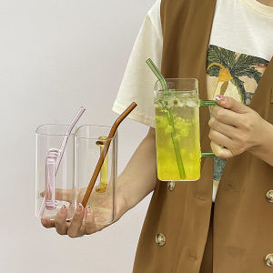 Square Glass Cup with Handle Heat Resistant Breakfast Milk Coffee Soda Drink Cup for Restaurant Nordic Style Transparent Colorful
