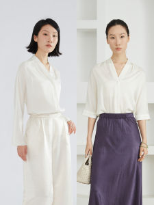 Yithque Silk Shirts Womens V-neck Design Simple Elegance Mid-sleeve Mulberry Silk Original Design Loose Fit Button Detail