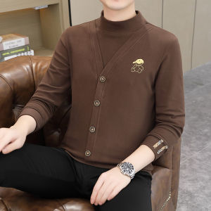 เสื้อยืดคอกลมแขนยาวผ้าขนแกะสองหน้าสำหรับผู้ชาย ฤดูใบไม้ร่วง/ฤดูหนาว เสื้อสเวตเตอร์แบบสวมหัว ทรงหลวม สไตล์ลำลอง