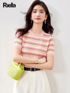 puella | Quần Áo Len Cổ Vuông Phong Cách Pháp Có Sọc Ngắn Tay