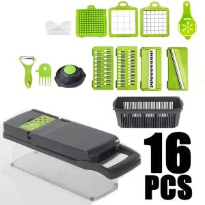 16 in 1 Handheld Slicers Dicers Graters Multifunctional Vegetable Chopper Kitchen Food Tool with Container & Safety Guard