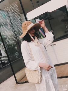 Mũ cói đi biển quai vải ren cho mẹ và bé dễ dàng gấp gọn Mũ du lịch chống tia UV an toàn cho da Lémi